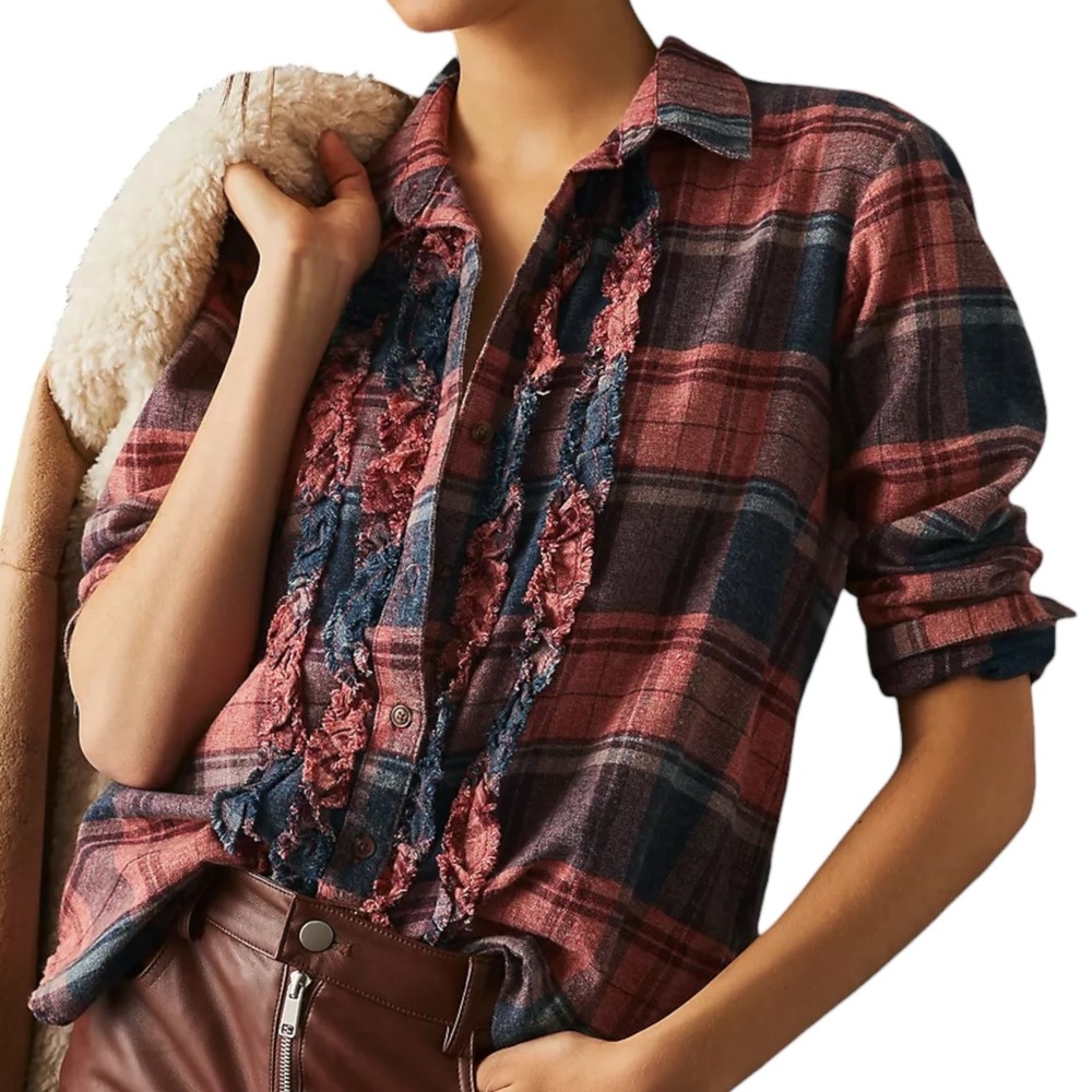 Pilcro Anthropology XS Ruffled Flannel Buttondown Shirt